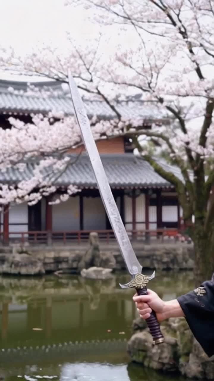 Intricately designed katana glinting under the sunlight Ancient warrior gripping hilt preparing for battle Surrounded by cherry blossom trees gently swaying in the wind Soft petals cascading like snowflakes on a tranquil pond