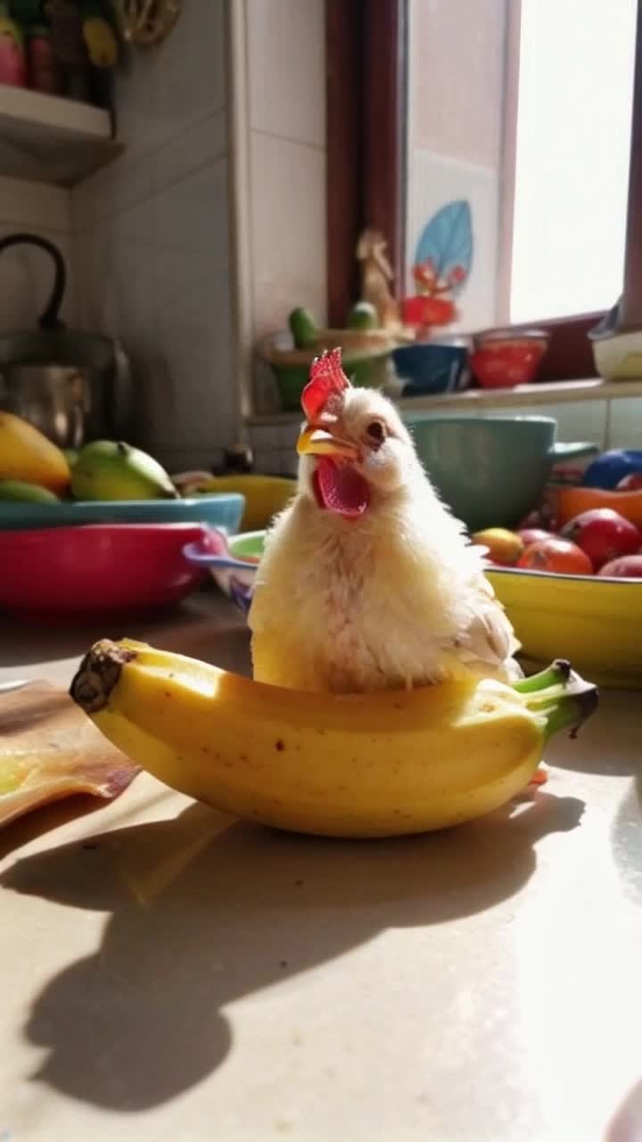 Vibrant yellow banana split open revealing small chicken head wide eyes tiny beak popping out in shock Silky white feathers contrasting against bright fruit Bizarre moment unfolds on surreal kitchen countertop scattered with colorful fruit bowls Sunlight streams through window casting playful shadows creating an enchanting atmosphere kitchen adorned with whimsical decorations playful clutter adding to eccentric charm