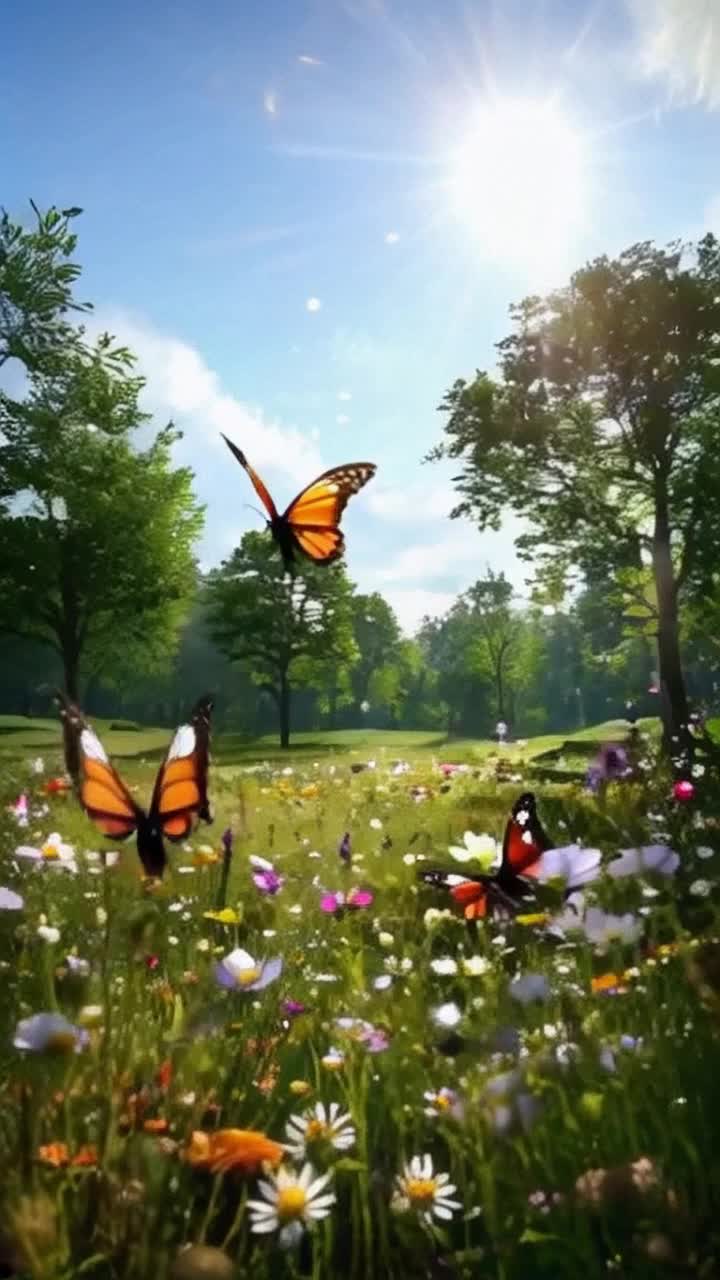 Whimsical creatures fluttering in vibrant hues dancing gracefully across a sunlit meadow filled with wildflowers swaying gently in a soft breeze Sparkling sunlight filters through tall leafy trees creating dappled shadows on the ground Exotic butterflies glide effortlessly shimmering against a backdrop of azure sky dotted with cotton candy clouds Enchanted forest teeming with life surrounds this serene oasis drawing viewers into a magical daydream Lush greenery and delicate petals shimmer like gems inviting exploration of hidden wonders Joyful melodies of nature echo softly inviting all to immerse in this tranquil moment bursting with color and beauty