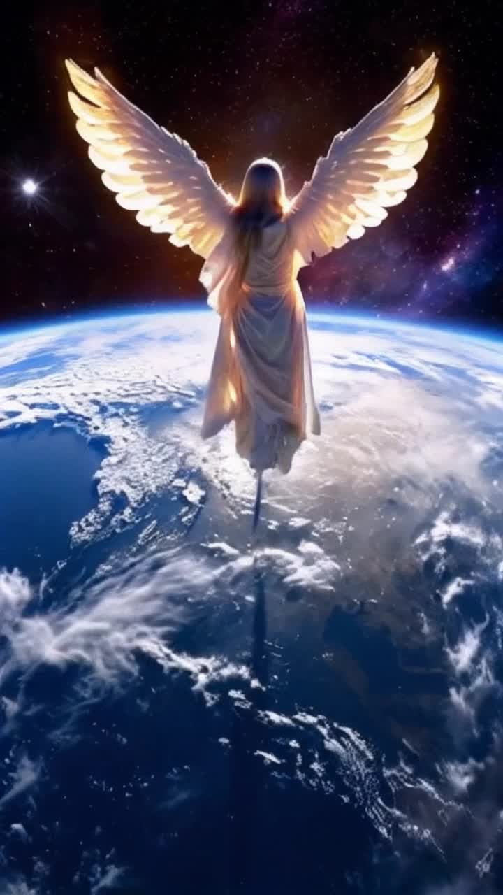 A photo of a radiant celestial figure of a guardian angel, dressed in shimmering robes, glowing with unearthly light, gracefully hovers in a bright orbit above the Earth The figure stretches out his arms in a gentle blessing, warm golden rays cascade downward, enveloping the planet in a soothing embrace The swirling clouds reflect the serene colors of peace  bright blues, greens and whites sparkle in the soft sunlight The figure is surrounded by twinkling stars and celestial bodies, creating a mesmerizing cosmic backdrop full of calm, invigorating harmony throughout the universe