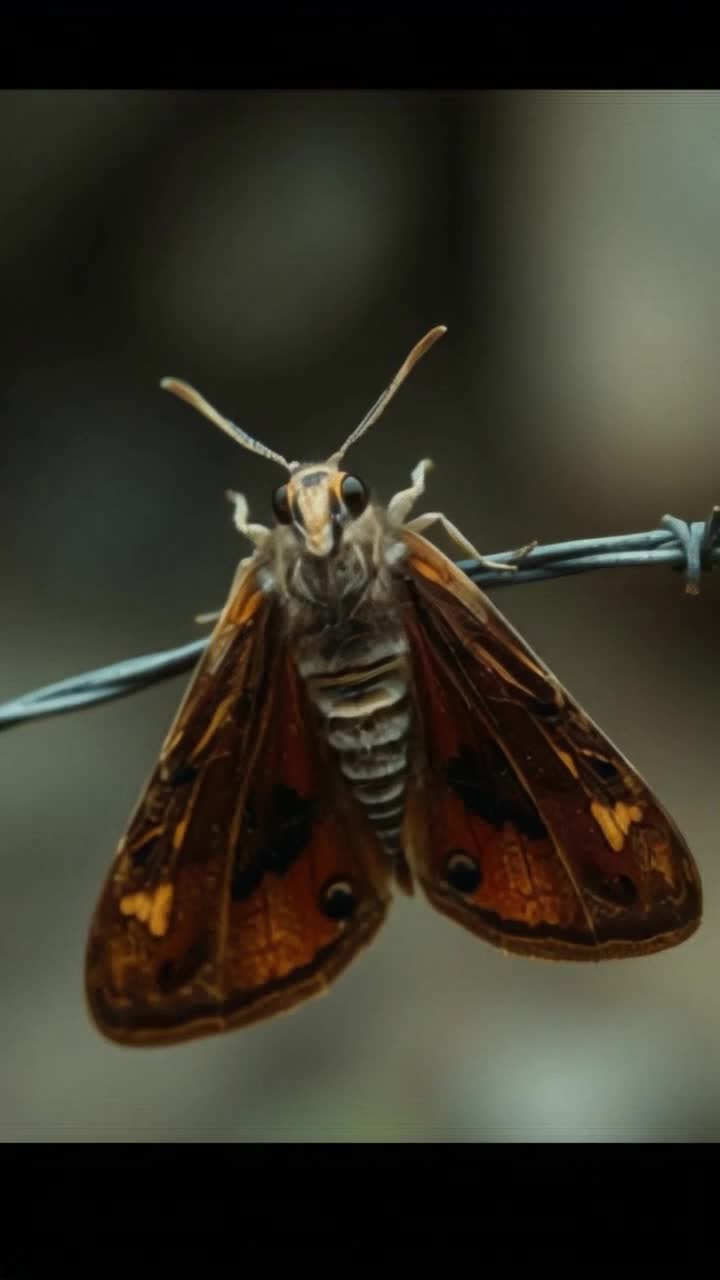 Moth landing on barbed wire flapping their wings to warm in the sunlight 