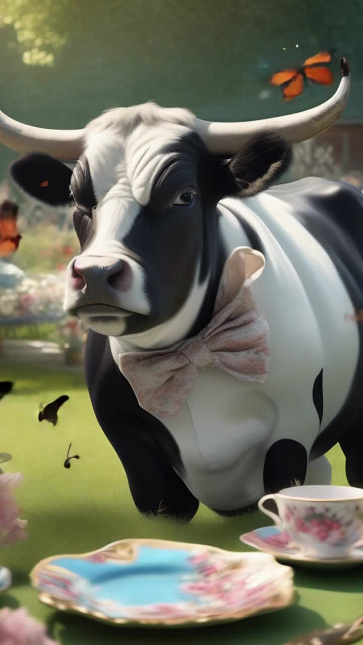Dapper black and white bull adorned with a glossy bow tie joins an adorable ant in a quaint bonnet enjoying a delightful tea party vibrant floral garden under a cloudless blue sky sunlight casting playful shadows colorful butterflies fluttering nearby delicate china cups filled with fragrant tea surrounded by lush green grass bursting with blossoms laughter echoing in the air whimsical atmosphere full of serene joy and friendship