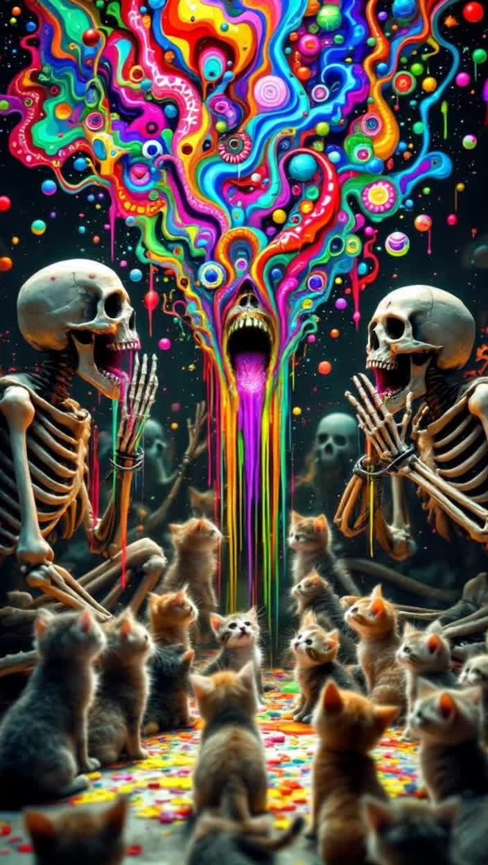 Skeletons vomiting up psychedelic Coles and patterns, skeletons getting hand cuffed while vomiting, kittens worshipping the vomit