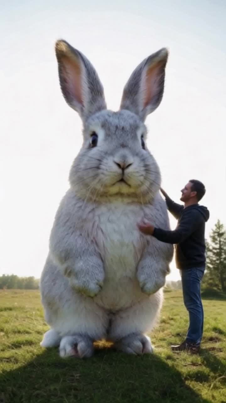 A giant rabbit, larger than a human, standing peacefully in a grassy field A man stands next to the rabbit, gently placing his hand on its soft fur, stroking it lovingly The rabbit has big, calm eyes and fluffy white fur The man looks small in comparison, smiling with wonder The background is a bright sky with sunlight and distant trees Photorealistic, cinematic lighting, emotional atmosphere, magical realism