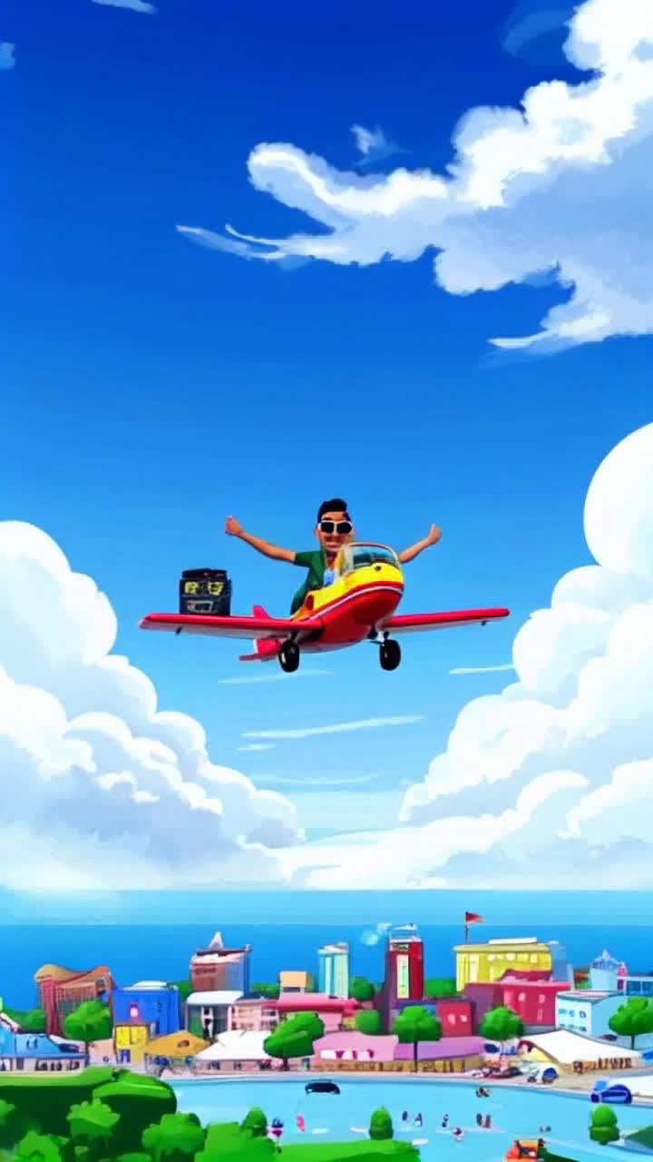 Cartoon African American man in vibrant attire with oversized sunglasses joyfully hopping into a colorful cartoon airplane soaring through a bright blue sky glistening with fluffy white clouds. Triumphant music blaring loudly from a large retro radio boombox nestled next to him, radiating waves of vibrant sound. Below a sprawling cityscape bursting with colorful buildings and bustling streets, tiny cars zipping by, people waving cheerfully as the airplane ascends into the sunlit horizon, capturing a moment of pure joy and freedom, a celebration of spirit and adventure