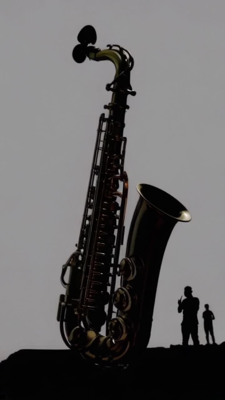 Ultrarealistic 8K HD portrait, double exposure of the silhouette of a saxophone and guitar with a Rock and Rio Festival inside Gray background A group small people dancing and singing at the bottom of scene