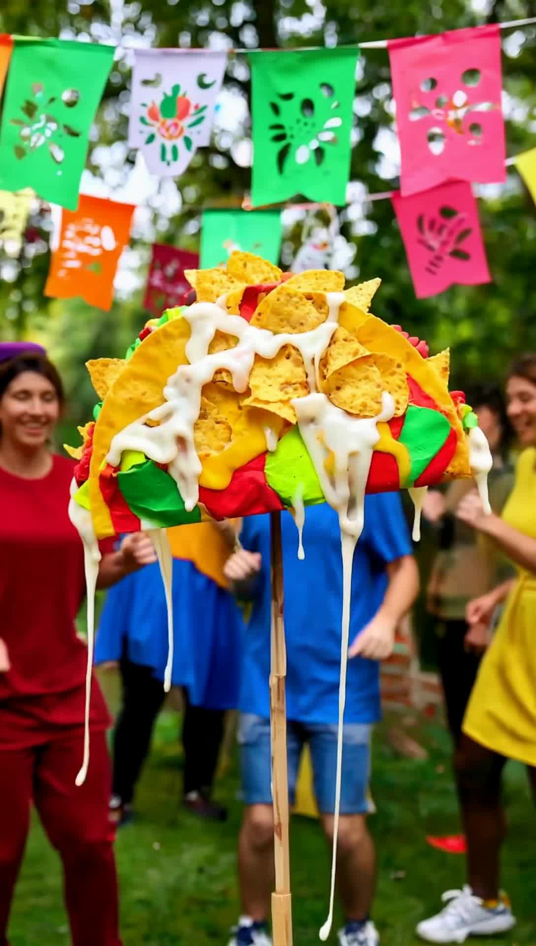 Colorful tortilla hat adorned with crispy nachos and melty cheese oozing down sides Glorious creation wobbling slightly as a hand reaches in to grab a chip Lively outdoor fiesta scene with vibrant papel picado banners fluttering overhead and cheerful partygoers dancing in the background