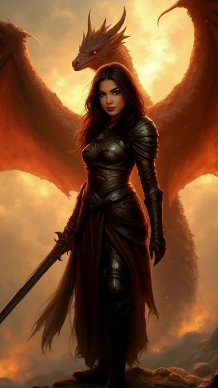 Regal elegant woman knight adorned in shimmering armor brandishing a gleaming sword with fierce determination in her eyes soaring dragon unfurling its massive wings against a backdrop of a fiery sunset illuminating distant mountains casting long shadows over a rugged landscape where ancient ruins whisper secrets of valor and glory