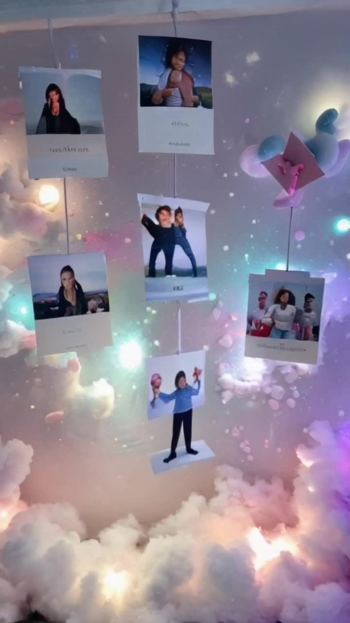 Whimsical popup photographs dancing across a vibrant canvas  Each image twirls and sways as if brought to life  Colorful splashes of light and soft pastel hues create a dreamlike environment filled with swirling clouds and glowing orbs