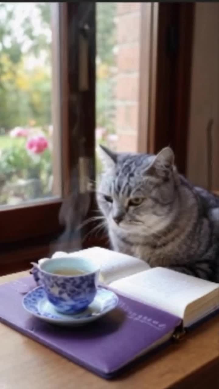Realistic movement of a gray tabby holding a pen and writing in a book, sitting at a table, holding a pen to write into a book with, a table with a window showing a garden outside that the cat looks at for a moment and then continues to write with the pen the cat still holds, writing into the open journal before the cat that writes in the gosh dang book Thank you