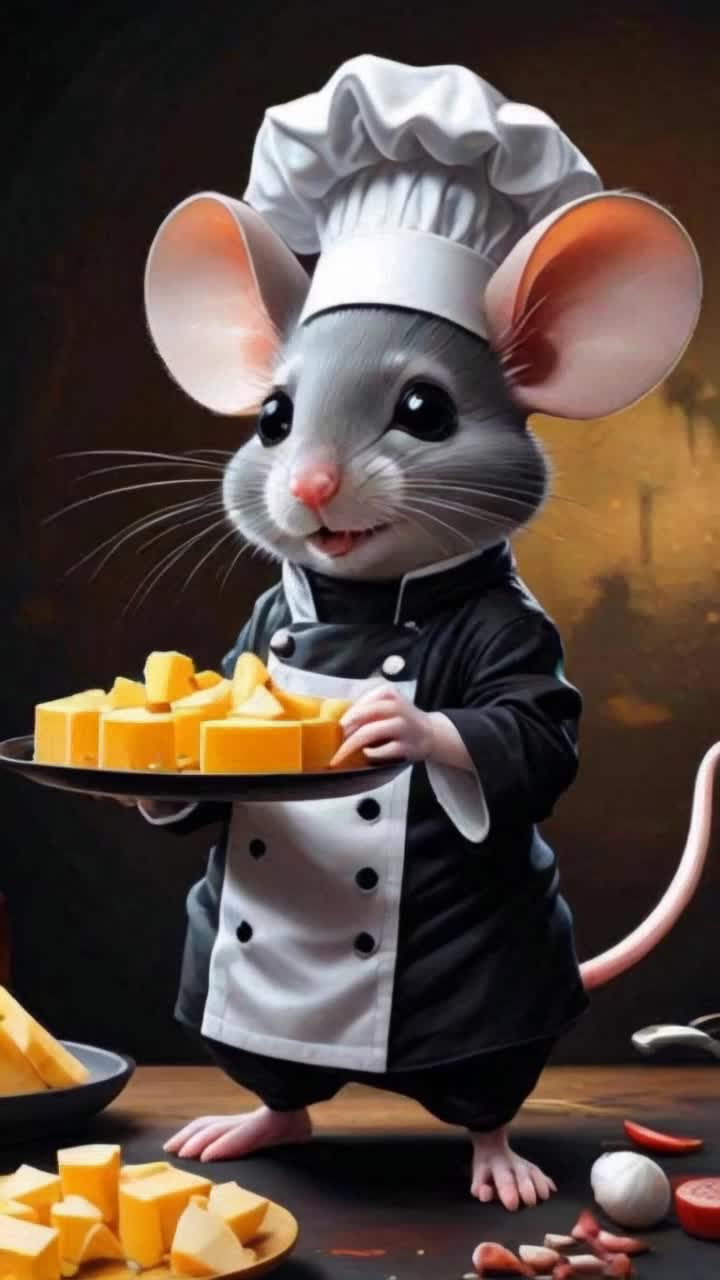 Chef mouse cooking with cheesecreate a stunning vivid highcontrast oil on black canvas rendering of a mouse chef resembling Gordon Ramsey preparing a cheese dish emphasize the resembling the famous chef and incorporate  rounds of cheese, chibi