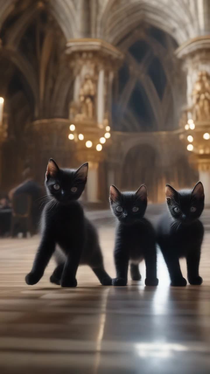 Three kittens in black tuxedoes are ballroom dancing in the most elegant of cathedrals while the music plays in the distance 