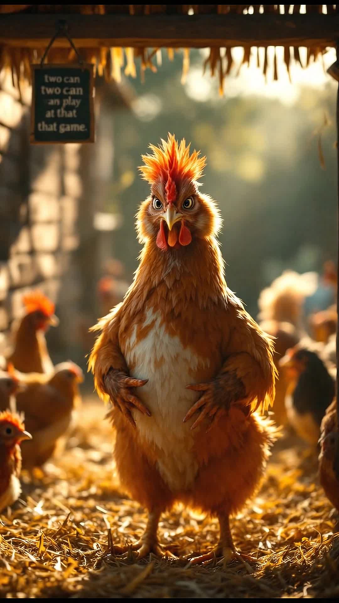 A chicken dressed up as a fox saying two can play at that game, setting is inside a chicken coop