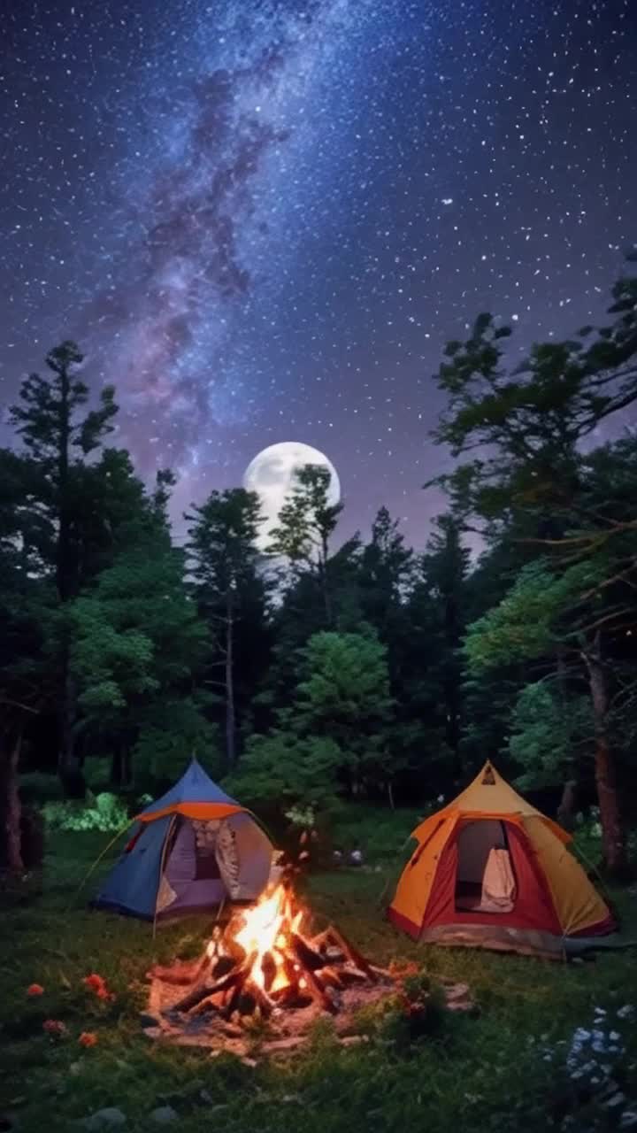 Lively group of friends setting up colorful tents beneath twinkling stars Cozy campfire flickering with warm orange flames surrounded by laughter Vibrant green forest trees rustling gently in a soft nighttime breeze Moonlight filtering through branches illuminating the scene Magical wildflowers dotting the landscape adding splashes of color