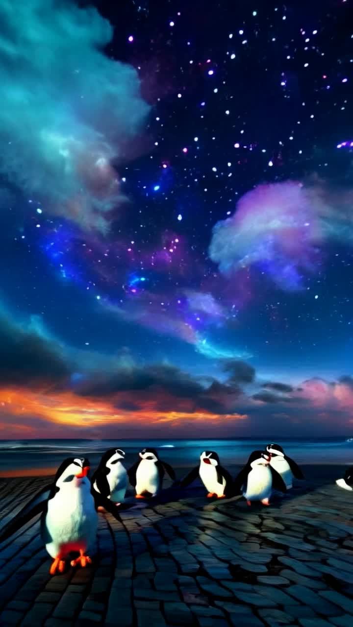 Plush penguins frolicking on waikiki beach at night, psychedelic stardust fills the sky, nebulous clouds of many colors, action,  absolutely mind blowing, continuous looping,  perfect looping 