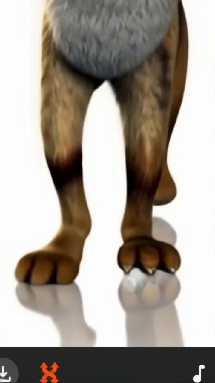 Low angle, close up view of an anthropomorphic dog character walking directly towards the camera, his body getting increasingly closer to the camera each second