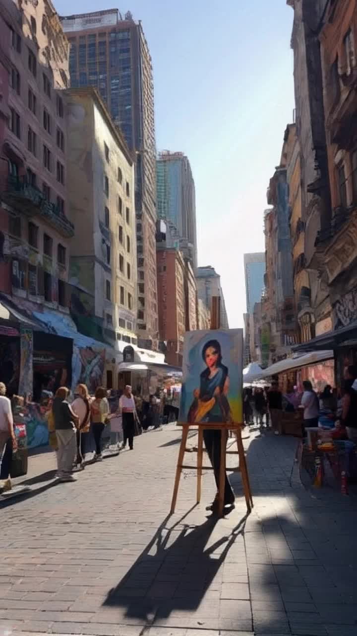 Colorful cityscape pulsates with energy featuring tall buildings adorned with murals bustling streets filled with artists vendors and excitement. Passionate young artist stands confidently before a massive blank canvas her eyes reflecting both anxiety and determination. With bold strokes she splashes vibrant paint fueled by raw emotion as colors collide in a wild dance creating a breathtaking explosion of creativity. Sunlight filters through the skyline casting playful shadows that flicker across her canvas as onlookers gather captivated by her fervent expression a powerful symbol of overcoming fear and embracing artistic freedom