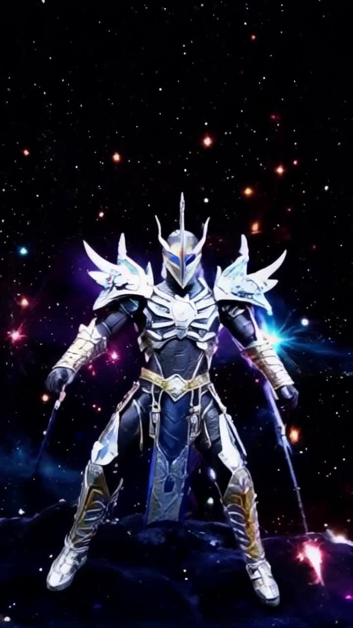 Warrior in intricate armor striking heroic poses vibrant energy radiating from each movement Stellar explosions erupting around him painting dark void with swirling radiant colors shimmering stars illuminating cosmic space
