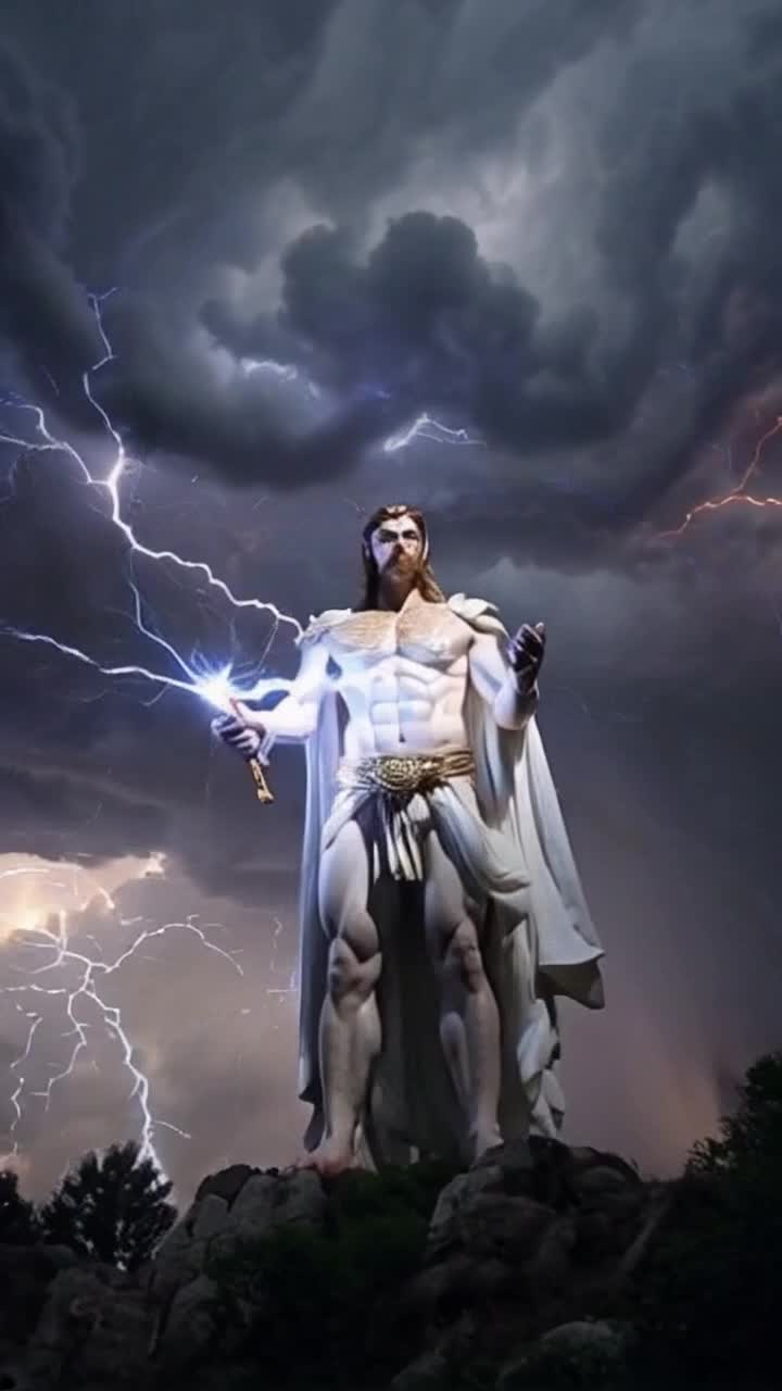 Majestic Zeus adorned in flowing white robes commanding thunderous clouds swirling around him launching fierce bolts of lightning from powerful hands striking through the sky like fiery spears illuminating the dark stormy heavens lightning crackles in dramatic flashes illuminating his chiseled features surrounded by roiling gray storm clouds electric energy pulses through the air resonating with each throw as distant rumbles echo across the landscape a breathtaking scene of divine fury and celestial power
