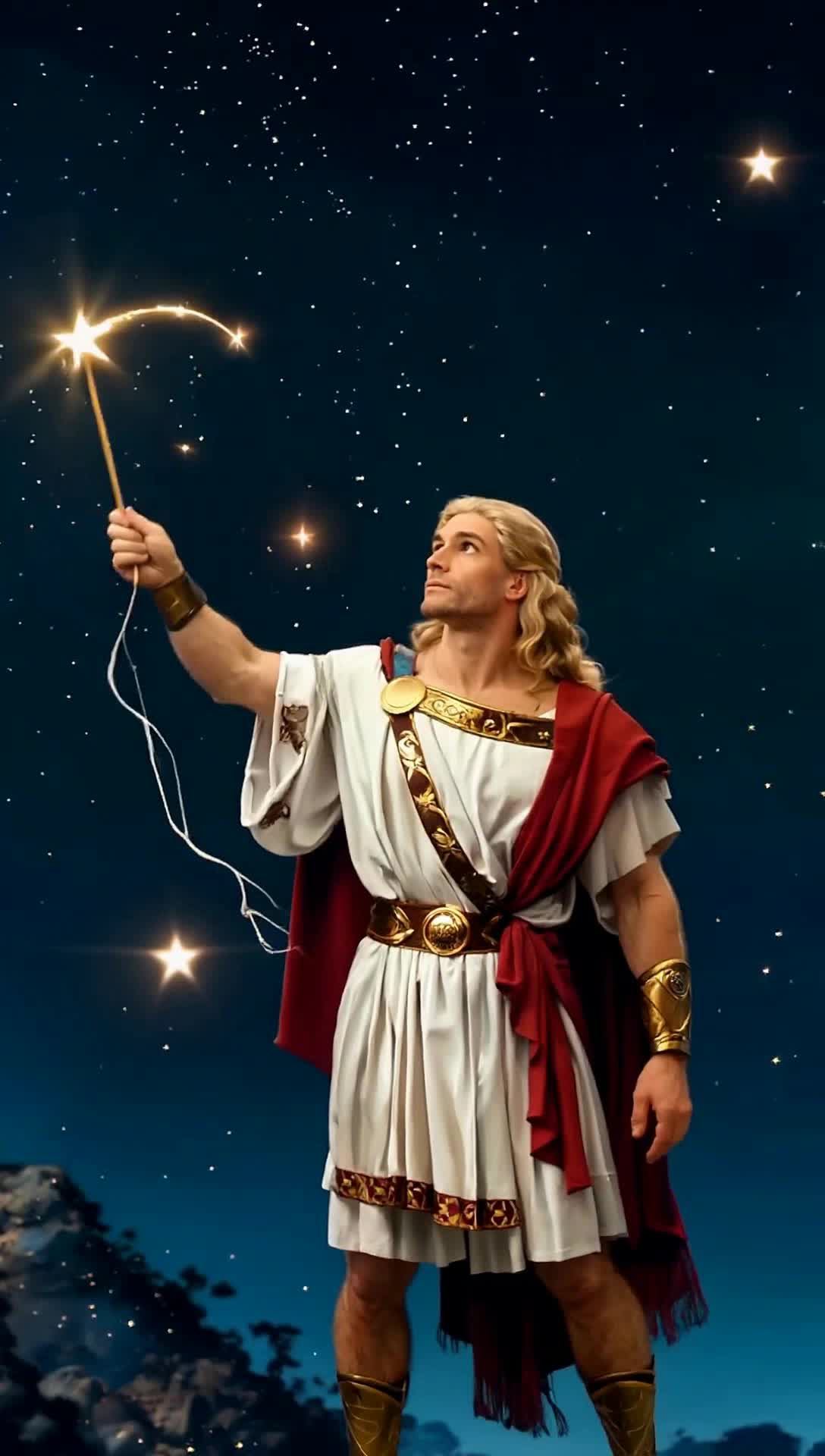 stars in the night sky being drawn by an ancient greek god