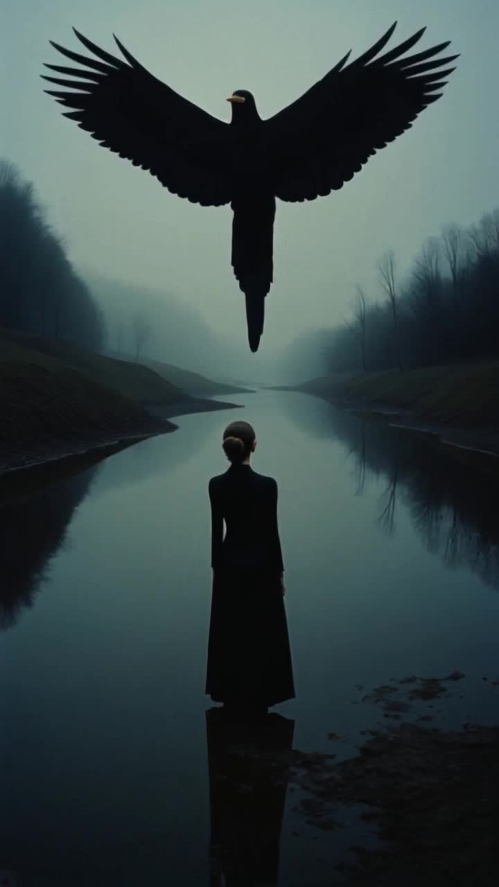 Majestic black bird with glossy feathers glides effortlessly through the air Woman with outstretched arms welcomes the bird gracefully as it perches gently on her arm Gentle breeze creates ripples across shimmering water reflecting vibrant colors Trees sway softly in the background while clouds drift lazily overhead Digital realm filled with stunning scifi elements futuristic details enhance the enchanting scene Animation flows smoothly capturing every moment in high definition bringing surreal beauty to life