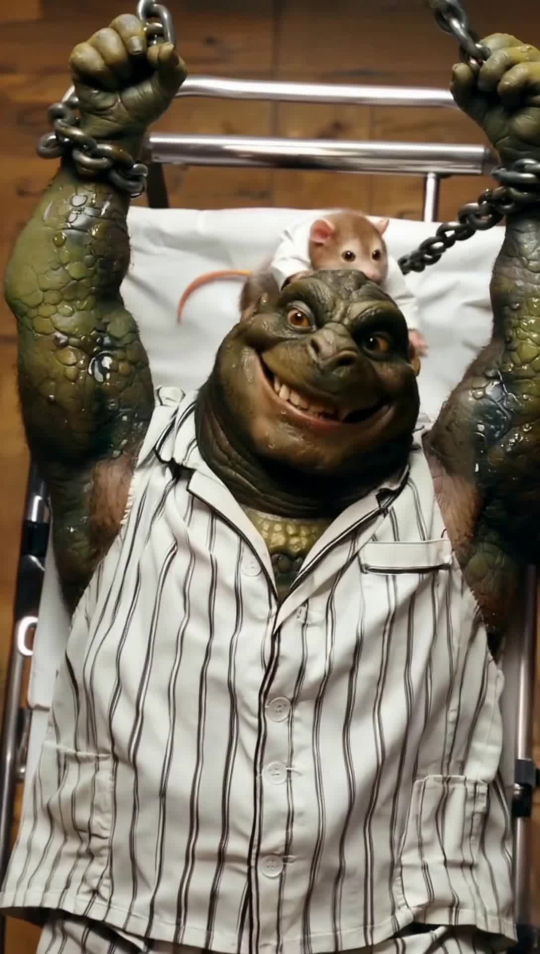 A laughing Godzilla beast in a straightjacket laughing  restrained on a gurney with his arms shackled and pinned above his head as a rat therapist tickle his armpits, detailed sweaty armpits pov, armpits tickling focus, dynamic angle, taut armpits focus