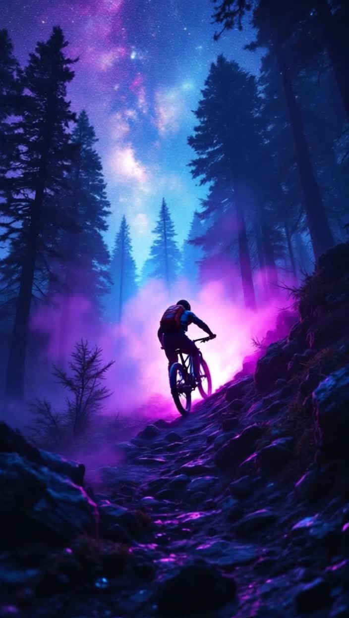 Intrepid mountain biker navigating a rugged rocky trail shrouded in shadows surrounded by towering trees glimmering with dew Ascending towards the summit with powerful strokes pedaling through the night sky Celestial Milky Way blazing above illuminating the path in otherworldly hues Vibrant fluorescent dust swirling behind the tires brilliantly contrasted against deep blues and purples of the forest darkness Rushing beam of headlight slicing through the night creating dramatic highlights and captivating shadows Evocative cinematic wideangle perspective showcasing stunning details and immersive threedimensional lighting