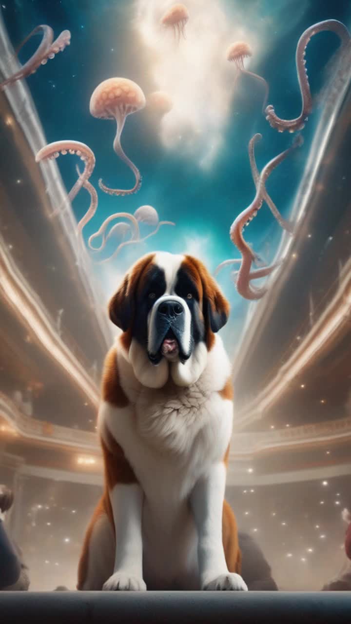 A beautiful and Majestic saint Bernard with 8 octopus legs floating over the crowd in space court