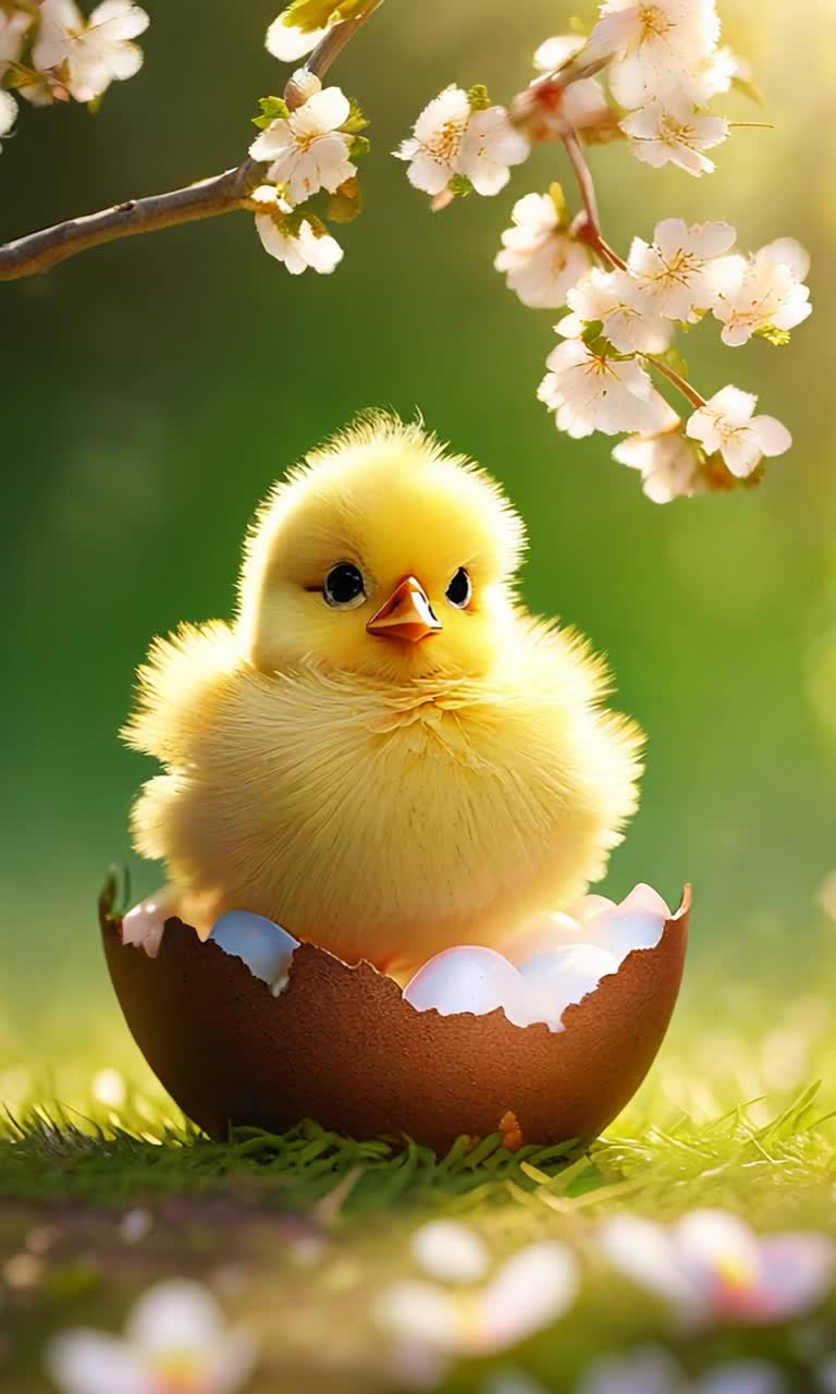 Fluffy golden chick emerges from a speckled egg cracking shell with gentle peeps bright curious eyes shining with innocence soft down feathers glistening in warm sunlight delicate fragments of eggshell scattered around vibrant green grass beneath a blossoming cherry tree petals drifting through the air as warm spring breeze whispers bringing life to the scene cheerful hum of nature surrounds bringing a sense of new beginnings