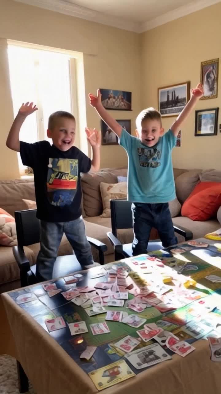 Two animated boys, exuberant laughter radiating from their faces, leap from their chairs in shock and delight They throw their hands up in exaggerated fright as one of them lands on Boardwalk Colorful game pieces scatter across the table, a flurry of Monopoly money fluttering in the air Brightly lit living room filled with plush cushions and family photos, sunlight streaming through the window, creating a warm ambiance Posters of classic games adorn the walls, excitement fueling their playful rivalry as they scream in unison, filling the cozy space with pure, infectious joy
