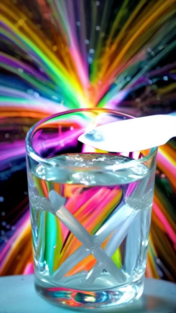 Crystal clear glass filled with sparkling ice water Split effortlessly by a gleaming bread knife in a stunning motion Radiant splashes of psychedelic colors swirl around creating a mesmerizing backdrop vibrant patterns ripple through the space evoking a sense of wonder as the scene unfolds