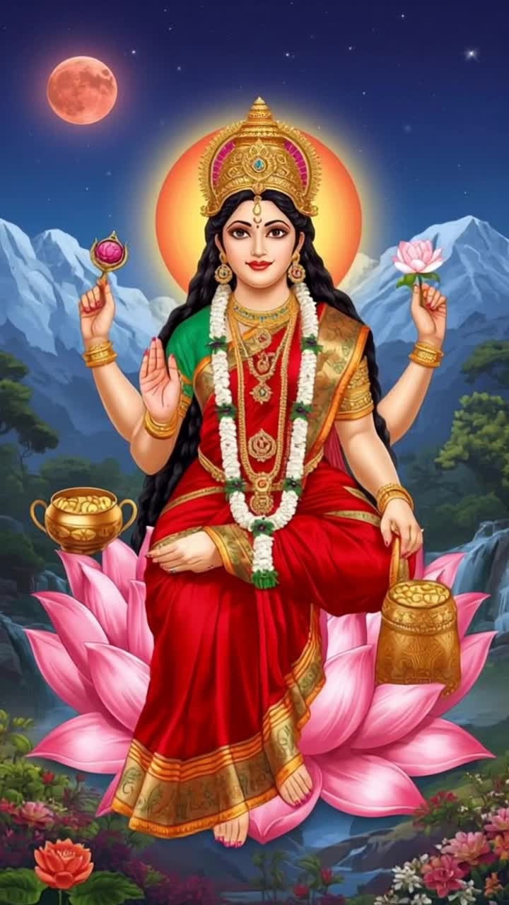 Make cinematic style video as goddess Lakshmi smiling gently, hairs swaying, moving hands gently, flower moving, huge amount of golden coins pouring down from goddess Lakshmi Devis create video with cinematic style Camera movements hand palm at the right side, cinematic style Camera movements 