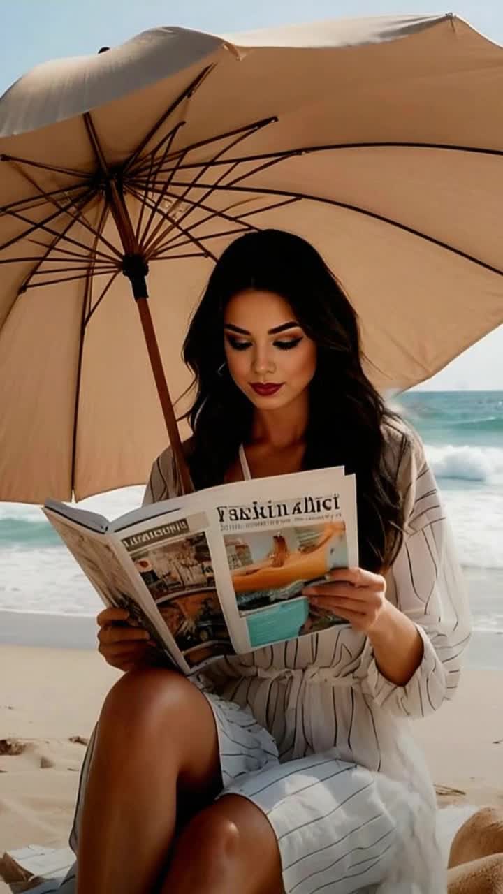 Elegant woman lounging gracefully beneath a vibrant beach umbrella flipping through glossy magazine pages Soft golden sand beneath her feet gentle waves lapping at the shore azure sky scattered with fluffy white clouds warm sunlight casting playful shadows Summertime serenity with colorful beach towels and playful children in the distance seagulls soaring overhead whispering breezes carrying whispers of relaxation