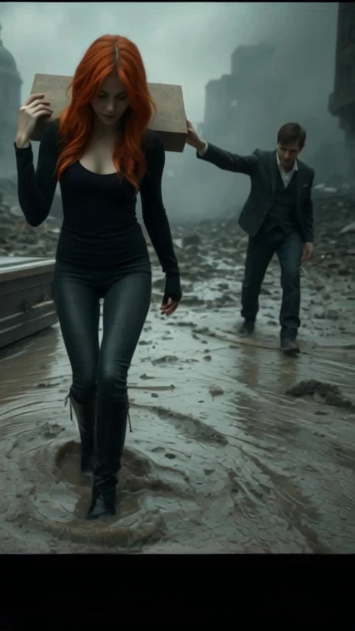 beautiful red head woman wearing tight black shirt black pants and black boots, sinking halfway, shes losing her balance, destroyed city behind her, shes reaching towards a man handsome while he reaches back only to laughingly pull his grip away