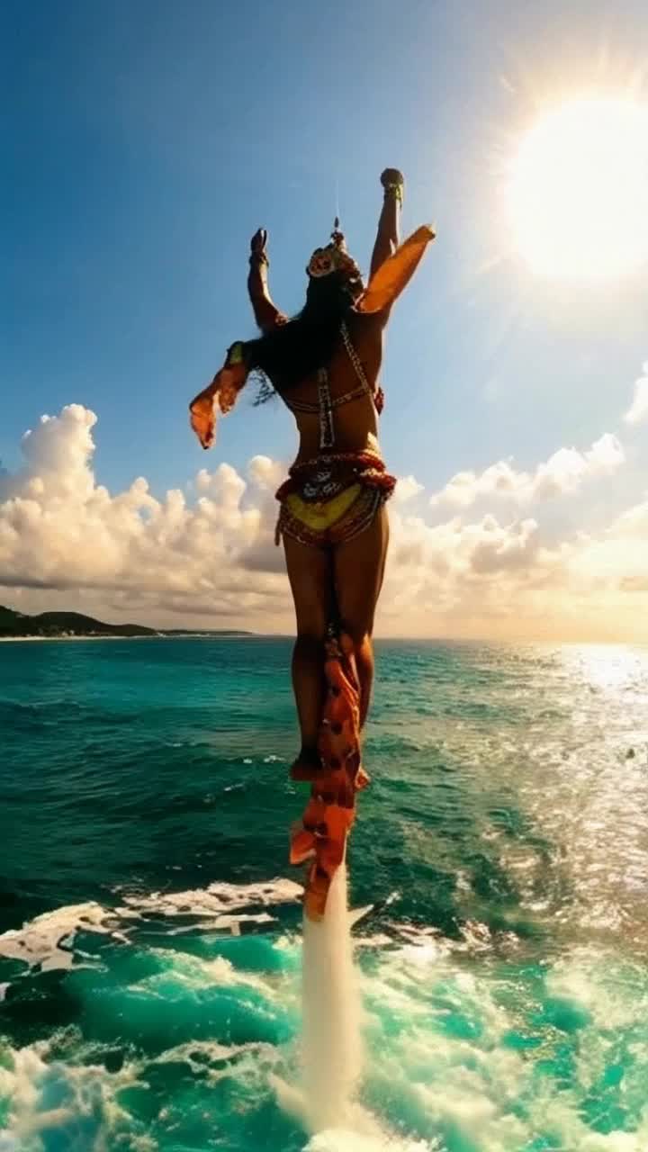 Majestic Lord Hanuman soaring gracefully high above vibrant turquoise ocean waves glistening under a golden sun radiating warmth and energy Wind tousling his hair as he unfurls his powerful arms adorned with divine ornaments Vibrant clouds swirling around him creating a heavenly backdrop against the vast blue sky Waves crashing below with foamy splashes reflecting sunlight like diamonds creating a mesmerizing dance of light and shadow 