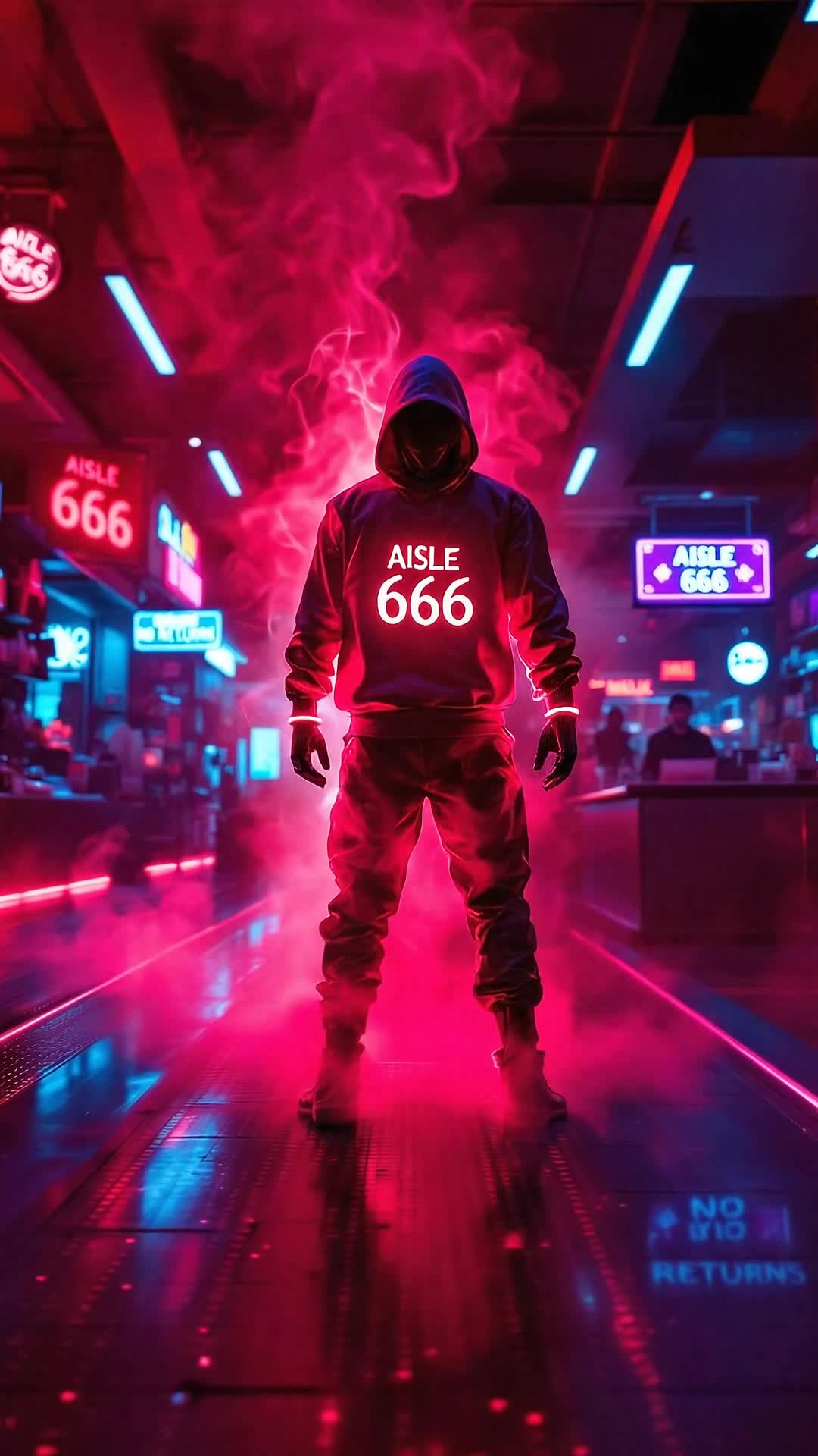 Neonlit figure stands confidently in surreal atmosphere vibrant red hues enveloping scene wisps of subtle smoke curl gently around Strong branding represented by UV wrist stamp 666 flickering momentarily before vanishing Floor transforms into a glowing conveyor belt shuddering softly as receipt materializes Order number 666 elegantly illuminated Above overhead sign morphs showcasing Aisle 666 while SALE tags twist into ornate sigils Wide shot reveals bustling bazaar clerk behind neon desk boldly proclaiming NO RETURNS Audio punctuated by electronic beeps and low drone enveloping ambiance heat shimmer dances in air adding to otherworldly essence