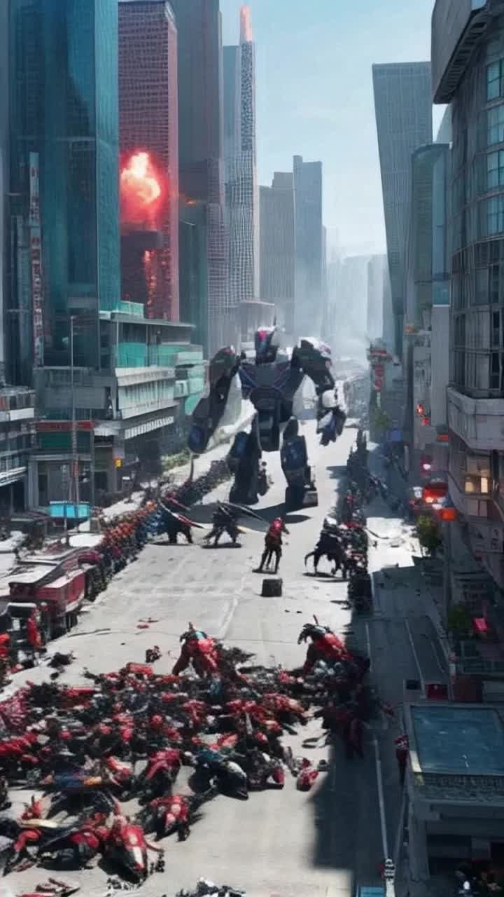 Giant massive robot fighting Kaiju Monster movie cinematic surrealism technicolored rotoscoped technicolor film realistic photographic swarm of monster horde of robotic robots cyberpunk futuristic 
