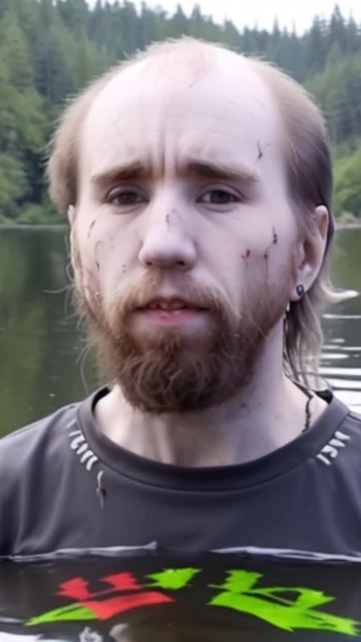 Stoic Cyraxx calmly breathing while standing chest deep in the middle of a lake with beautiful outdoor scenery,