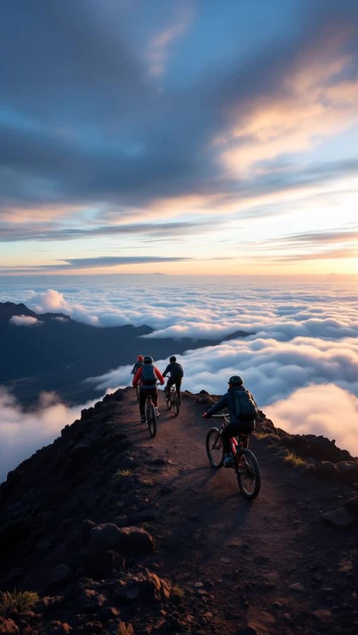 mountain biking with friends on a Mount Haleakala trail, riding mountain bikes along a trail that towers above the clouds, the Maui weather is cold up there