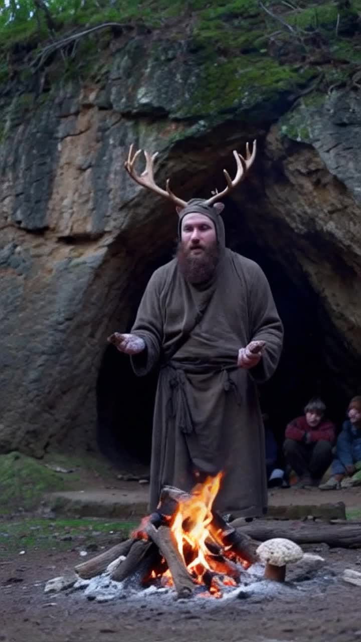 A caveman scoops soot from the ground outside of a small fire to rub into his face, holds up broken branches on either side of his head that resemble deer antlers, to tell a story about the buck that got away during an unsuccessful hunt, while other cavemen, women and cave children listen, sitting around there small cave fire at the entrance of there cave The scene blends into the caveman thats telling the story morphs into a robed druid, having a hat with branches that resemble antlers His audience is literally mesmerized, there are white spotted red cap mushrooms near their tiny bonfire 