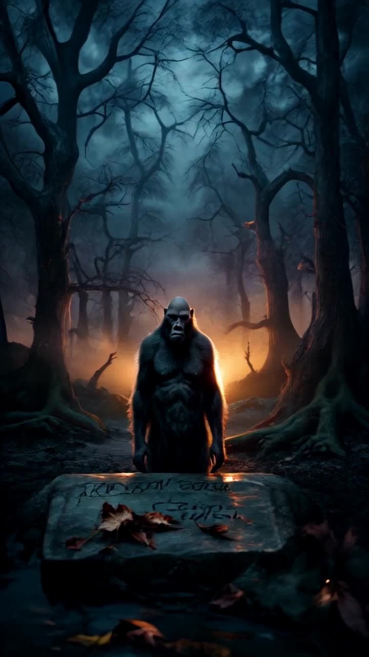 A solitary, brooding figure of a bald ape stands against a backdrop of a desolate, twilight forest, its branches heavy with mist The apes face is contorted in a mix of anger and despair, illuminated by the soft, warm glow of the setting sun filtering through the trees In the foreground, a few scattered, withered leaves lie on the damp ground, symbolizing the cycle of life and death We are the omegas of the biosphere, is inscribed in elegant, flowing script on a weathered, ancient stone slab behind the ape, casting long shadows in the fading light