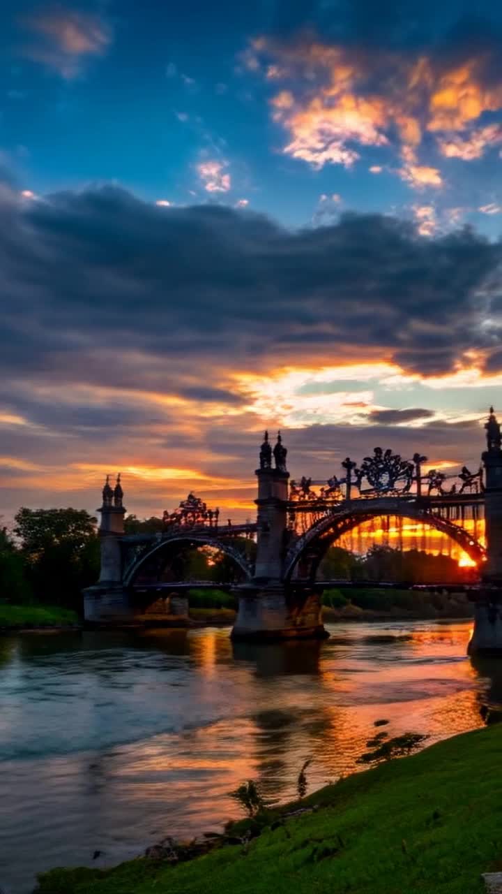 Stunning cast iron antique bridges with intricate carvings and sculptures bathe in golden sunset glow Reflecting their elegance they stand majestically spanning over a serene river with gentle ripples under vast colorful sky Framed by lush greenery and distant silhouettes of ancient trees the scene captures the artistry of ancient craftsmen inviting viewers to marvel at the timeless beauty of these unique structures