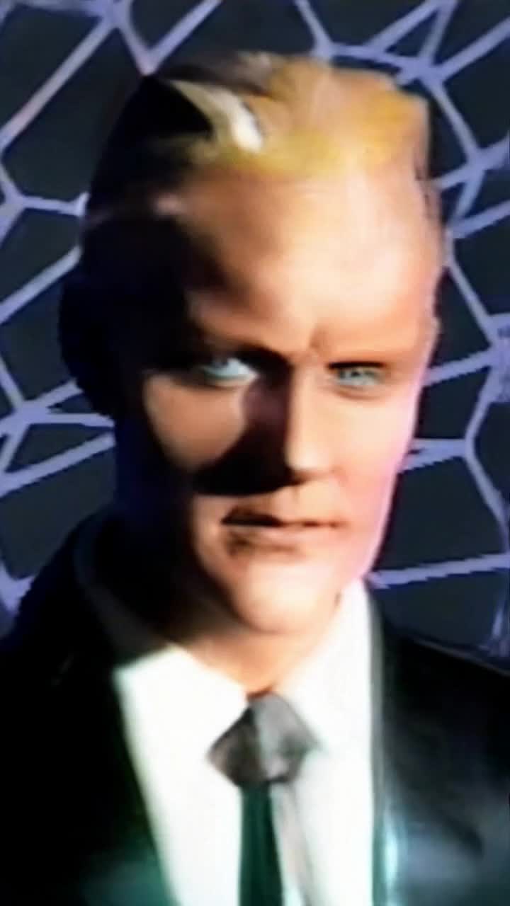 VHS video monitor glitch, Lazer grid background, plastic face, his mouth moves as if speaking