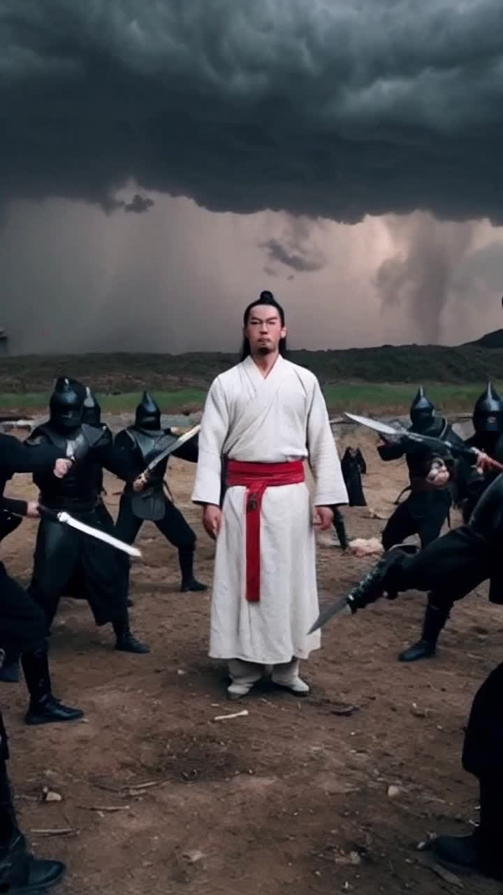 A solitary warrior surrounded by fierce opponents emanating an aura of strength feels an explosive surge of enlightenment coursing through his mind illuminating his pineal gland unleashing stunning ancient martial arts techniques that flow gracefully through his body mesmerizing adversaries collapsing in awe. A tumultuous ocean waves crashing against jagged cliffs swirling mist rising dramatically under an ominous sky shifting colors casting shadows revealing glimpses of hidden legends whispering secrets of power lost in time heightening the intensity of the battle reflecting the warrior's newfound prowess as he moves like water flowing effortlessly through chaos