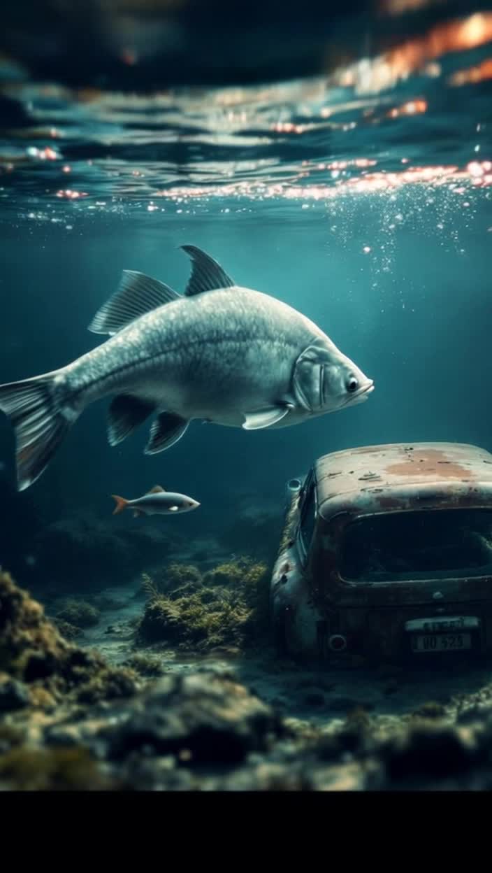 A big fish in a river chases a smaller fish, all under water, an old car is half buried