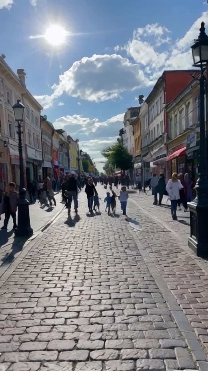Vibrant 1947 street scene bustling with people dressed in vintage fashions 16 spirited children playing energetically on a sunlit sidewalk while a stoic man leans against a lamppost watching with a faint smile expansive blue sky dotted with fluffy white clouds golden sunlight casting gentle shadows on cobblestone streets colorful storefronts brimming with life inviting pedestrians to explore hidden treasures elegant trees swaying softly in a warm breeze adding charm to this lively atmosphere