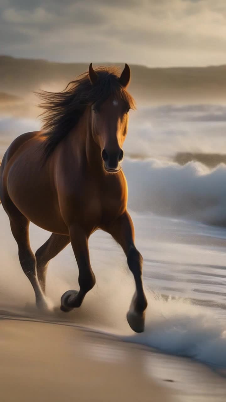 Wild horses in breathtaking hues of chestnut and black gallop gracefully across a sparkling shoreline Sunlight dances on their flowing manes as ocean waves crash onto golden sands A warm summer breeze rustles tall grasses as fluffy white clouds float above Shadows stretch and elongate on the beach while rhythmic hoofbeats echo a symphony of freedom Laughter of seagulls fills the air soaring high above creating a dynamic backdrop of serenity and motion Vibrant colors collide in this captivating scene where wild spirits run free along the shimmering coast, celebrating the beauty of natures untamed elegance