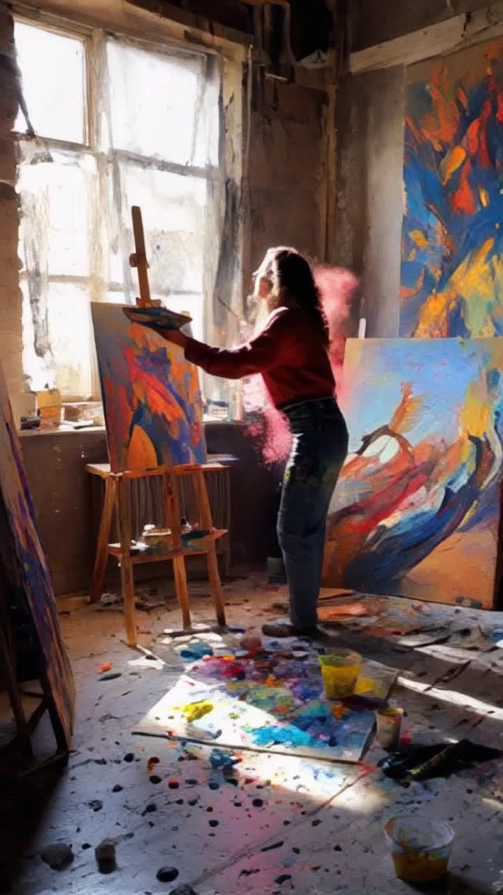 Vibrant artist in a sunlit studio filled with canvases and scattered paint splatters embraces brushes and palette with fervor unleashing a whirlwind of colors that swirl and dance pulsating in harmony with her heartbeat each stroke radiating confidence dispelling the self-doubt that looms like a shadow against the walls adorned with her vibrant creations luminous light filtering through dusty windows reflecting her determined spirit