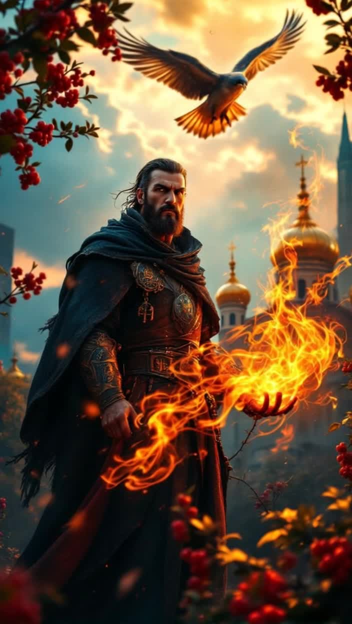 Epic Ukrainian Battle Sorcerer Cossack stands confidently in modern Kyiv Fierce and charismatic features radiate strength illuminated by swirling vibrant flame in his hand Ancient magic intertwines with contemporary resilience Stunning fusion of golden domes of Saint Sophia Cathedral and sleek skyscrapers glistens after rain Dynamic rainbow arches overhead with golden hour sunlight breaking through clouds Lush kalyna branches frame the scene encasing ripe red clusters pulsing with life Ethereal patterns of Slavic glyphs float around him like heat haze Majestic falcon soars above eyes sharp embodying the spirit of vigilance and power