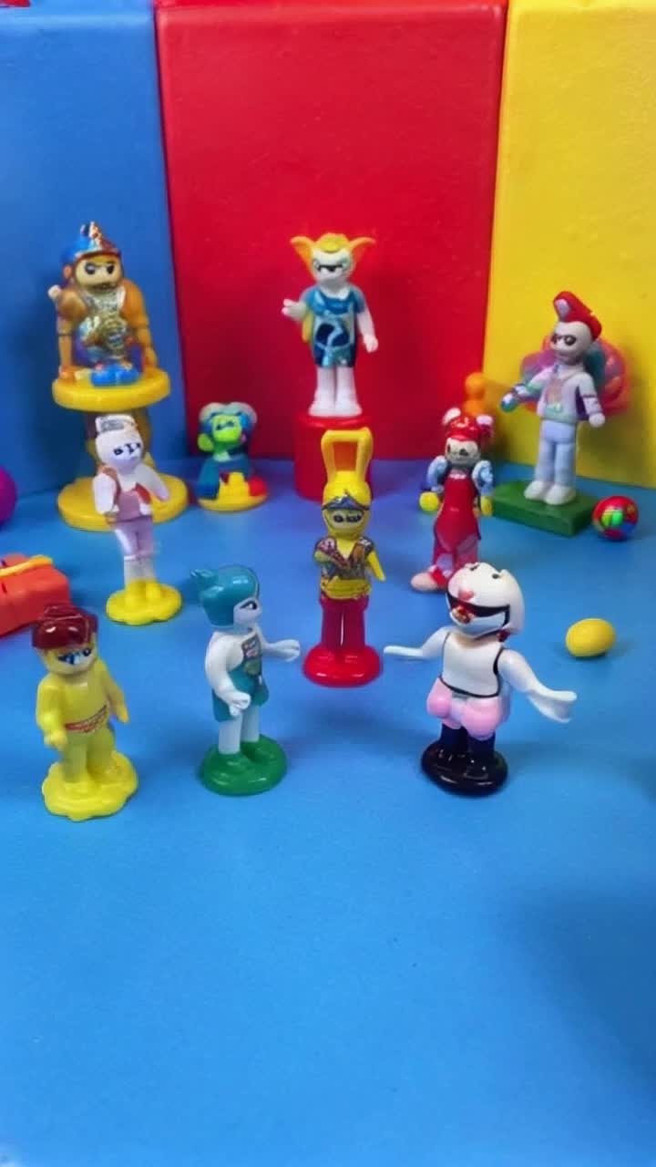 Retro vintage plastic toys and figurines playthings dance dancing in a colorful playroom 